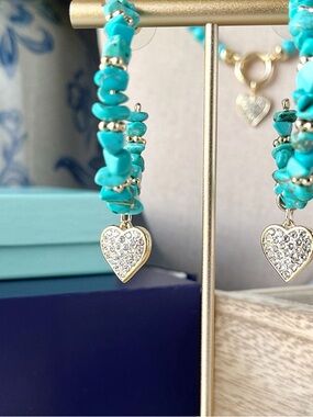 Santorini Turquoise & Gold Beaded Earrings | Heart Charm | April Sparkle Box-NEW